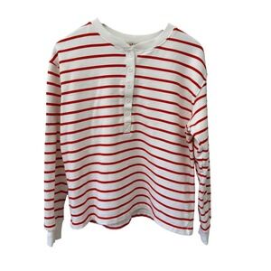 Molly Yeh Henley Sweatshirt Medium Red White Striped Cotton Long Sleeve Top